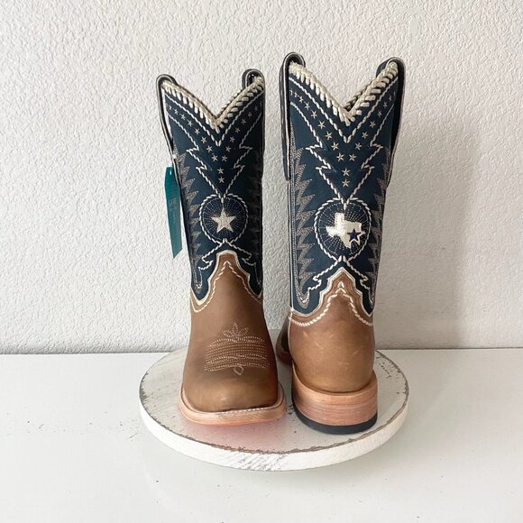 Lane RODEO HOUSTON Mens Cowboy Boots 11.5B Brown Navy Leather Western Blunt Toe - Picture 1 of 11